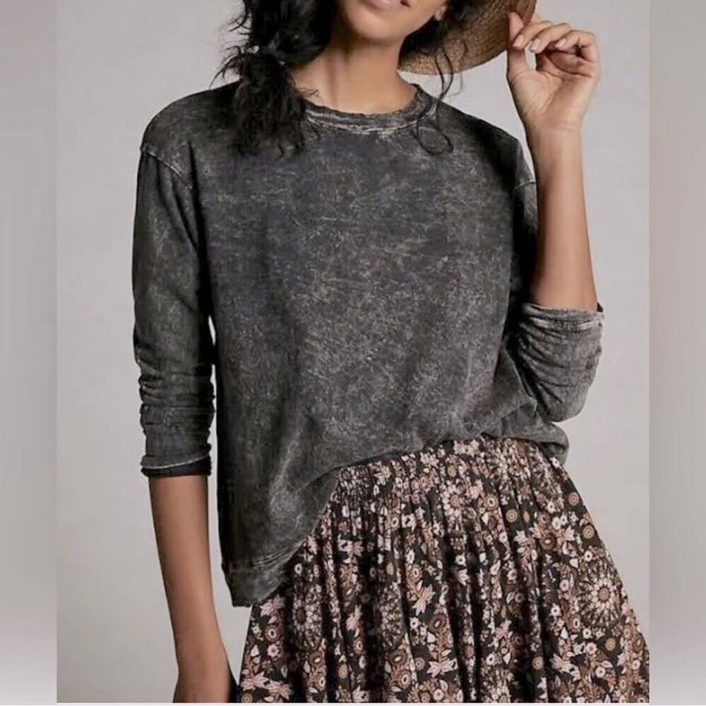 Anthropologie Eri +Ali Acid Wash Distressed Hem Boyfriend Top Women's Size Xs